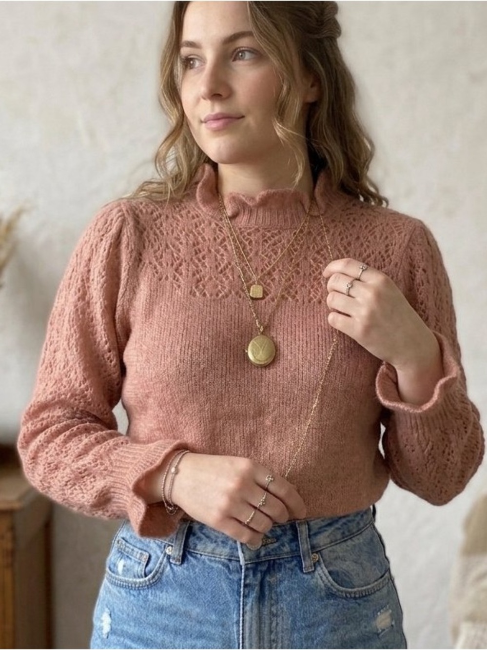 Lush Dusty Rose Lace Yoke Knit Sweater